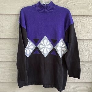 Vintage Ski Sweater‎ Purple Black Diamond Fair Isle Cotton Mock Neck 90’s Retro